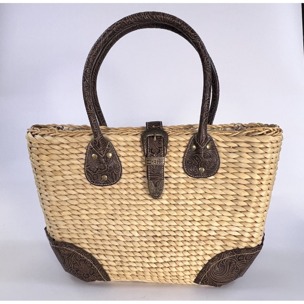SCALA Western Woven Straw Tote Bag w/ Tool-Embossed Leather Trim & Floral Lining